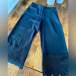 Black crepe wide leg cropped pants with lace detail cuff - Ann Taylor